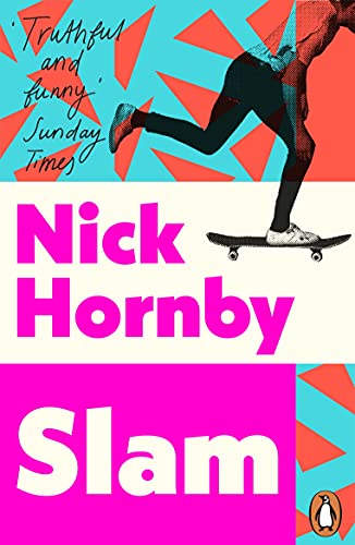 Book cover for Slam by Nick Hornby featuring a person skateboarding on a patterned background.