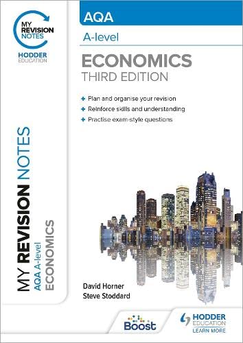A Level Economics revision notes book with a city skyline background.