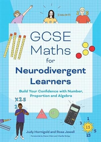 Book cover titled GCSE Maths for Neurodivergent Learners with illustrated characters and math symbols.