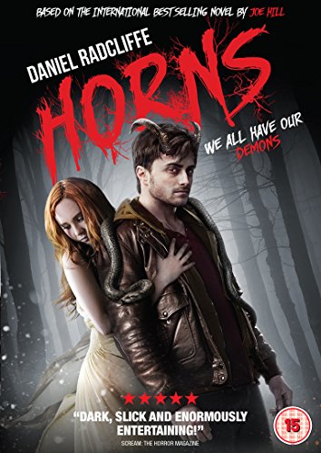 DVD cover for Horns featuring Daniel Radcliffe with horns and a snake in woods.
