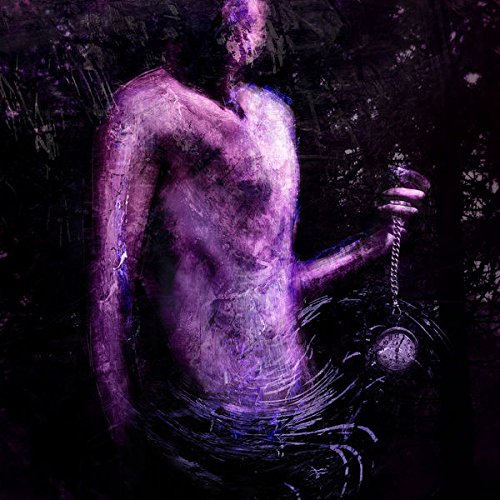 Purple, textured image of a nude figure holding a pocket watch.