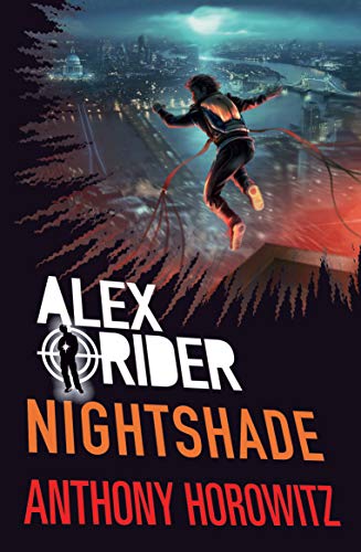 Book cover: teen spy Alex Rider leaping across a nighttime cityscape.