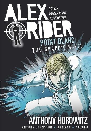 "Graphic novel cover featuring a blonde boy in a white jacket, with title 'Alex Rider'."
