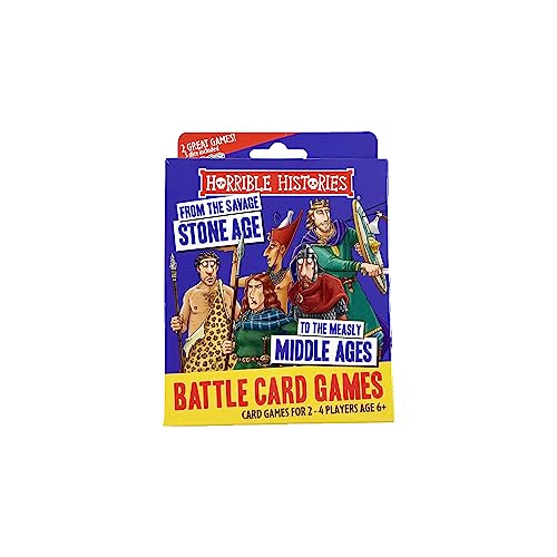 Horrible Histories battle card game box featuring cartoon historical figures against a purple background.