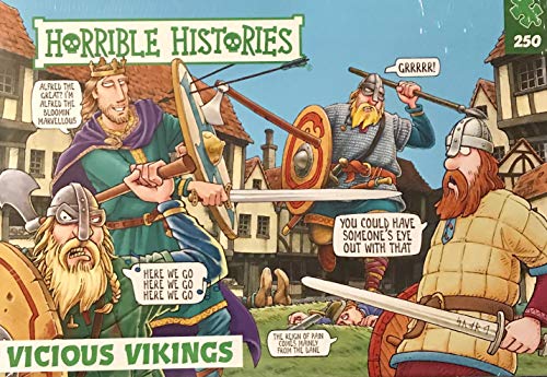 Horrible Histories Vicious Vikings 250-piece puzzle box art featuring cartoon Vikings in battle.