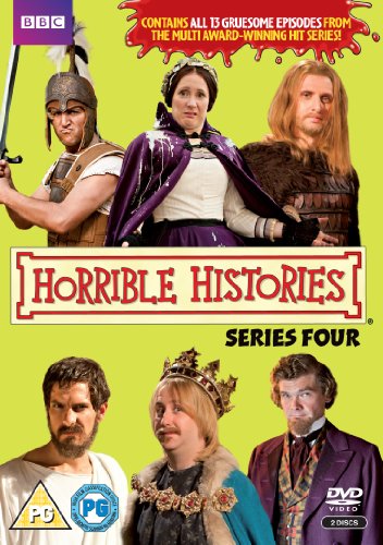 Colourful DVD packaging featuring cartoon characters and historical figures in comedic scenes.