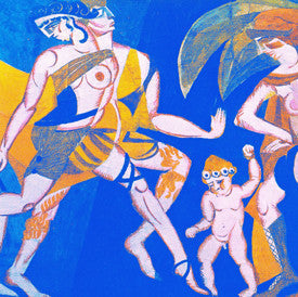 Blue background with figures in pink, orange, and black, album artwork.