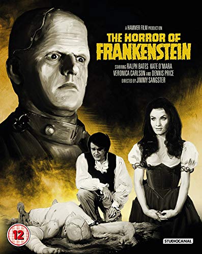 Blu-ray cover art for The Horror of Frankenstein featuring the monster and two actors.