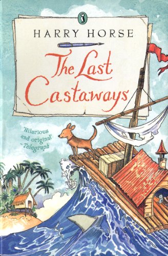 Book cover: illustrated raft with a dog, palm trees, and ocean waves.