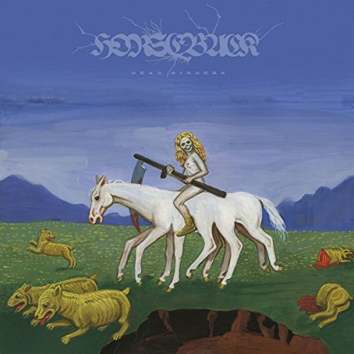 "Album cover art: Grim Reaper on a three-headed horse, surrounded by dead animals."