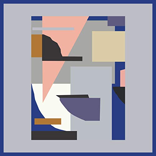 The image depicts an abstract album cover with geometric shapes in various colors. Alt text: Abstract album cover with geometric shapes in pink, blue, gray, and brown.
