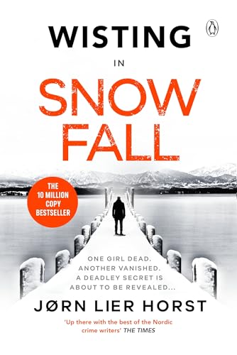 Book cover: snowy landscape, lone figure on a bridge, red text “Snow Fall”.