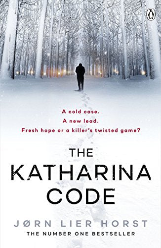 Book cover: snowy forest, lone figure, bold title "The Katharina Code".