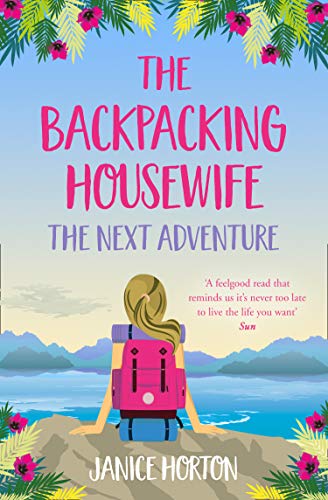 Book cover: woman with pink backpack overlooks a blue, mountainous landscape.