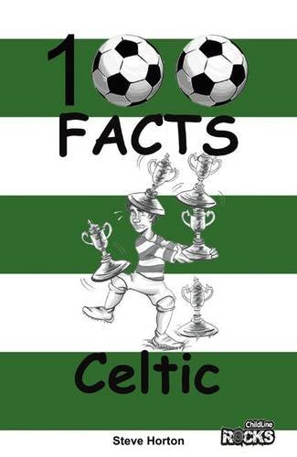 Book cover for “Celtic - 100 Facts” with soccer balls and trophies.
