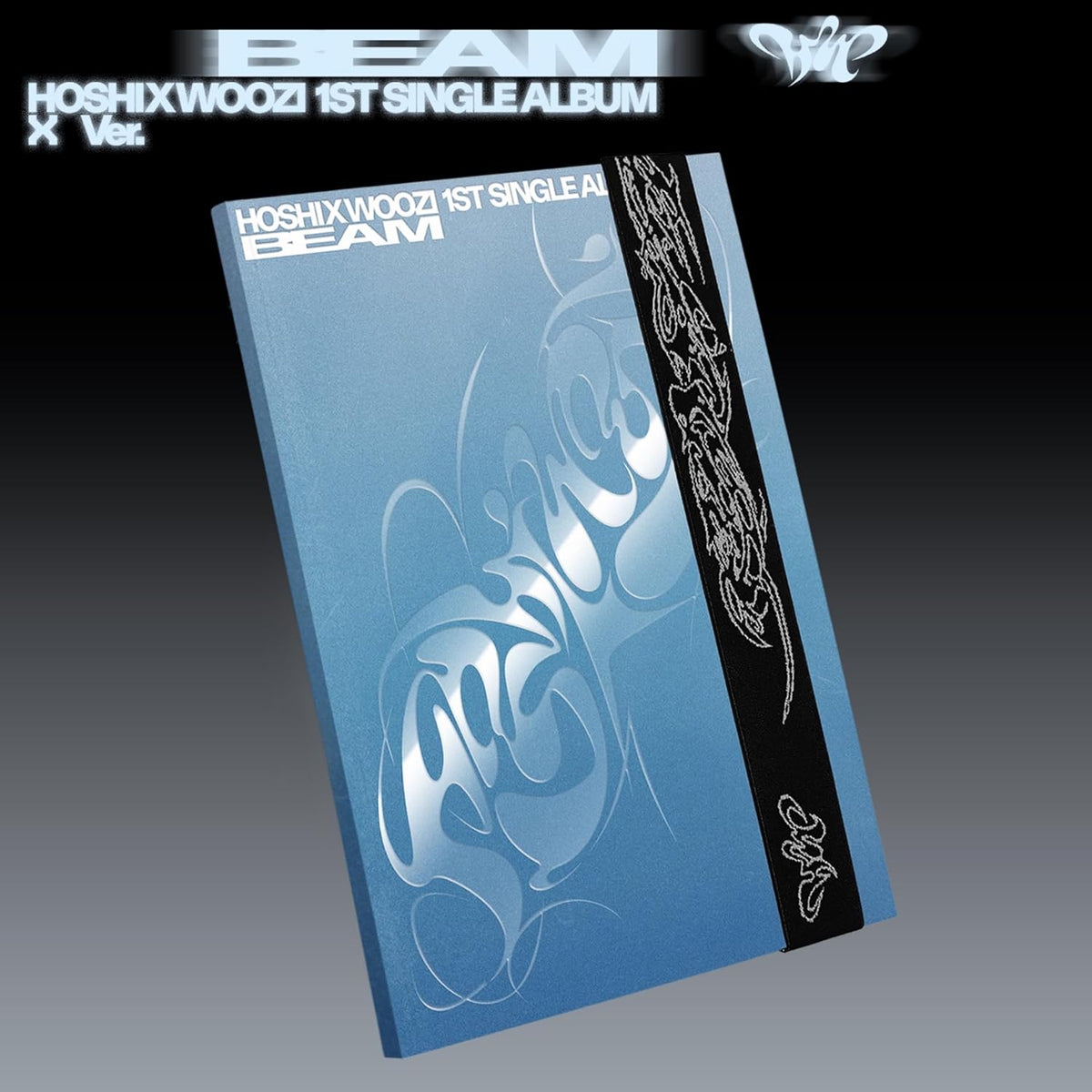 Album cover for Hoshi x Woozi’s “BEAM” featuring abstract blue and white design.