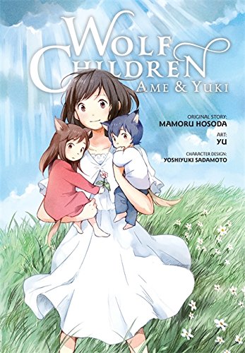 Wolf Children" book cover featuring a girl with two wolf-eared children.