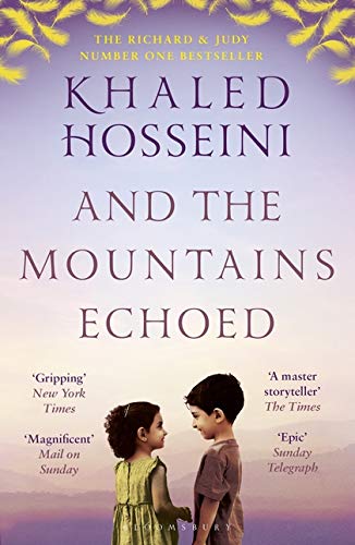 Book cover: "And the Mountains Echoed" with two children facing away.