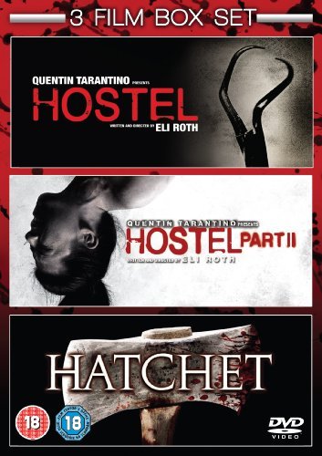 DVD case featuring horror film imagery from “Hostel,” “Hostel Part II,” and “Hatchet.”