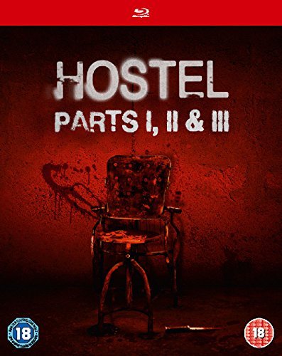 "Blu-ray cover with a blood-stained chair and 'Hostel Parts I, II & III' title."