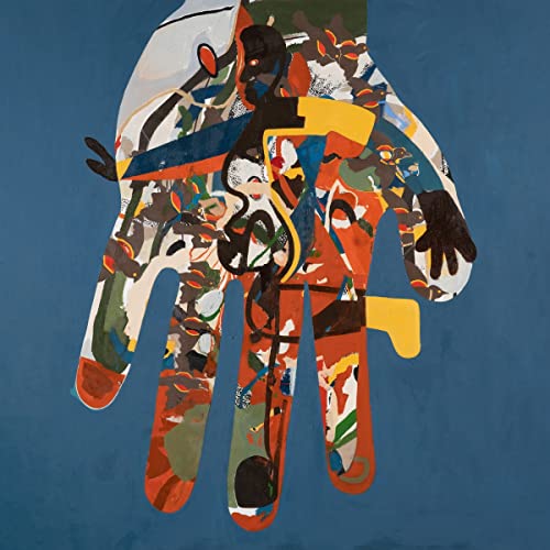 Abstract painting of a hand filled with colorful, chaotic patterns.