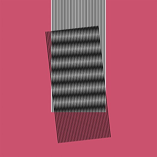 Album cover with stacked, angled black and white striped rectangles on pink.