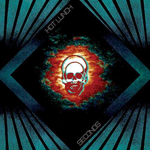 Album cover with a glowing skull surrounded by red and black, framed by teal diamond.