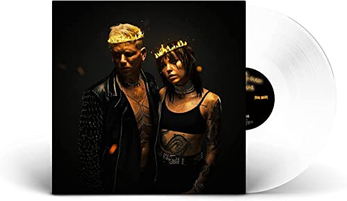 Two people wearing glowing crowns next to a translucent white vinyl record.