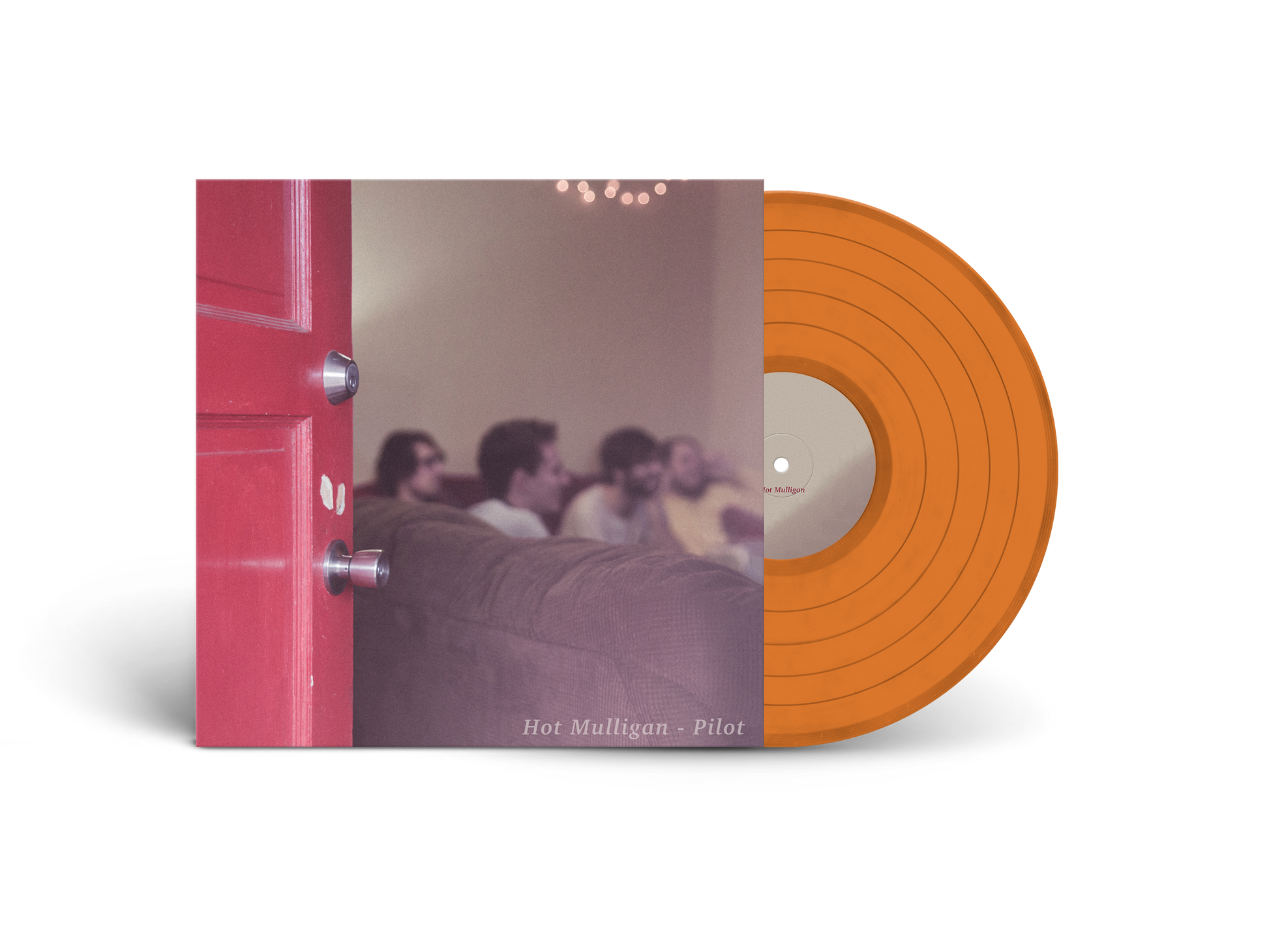 Orange vinyl record with album cover depicting a doorway and people on a couch.