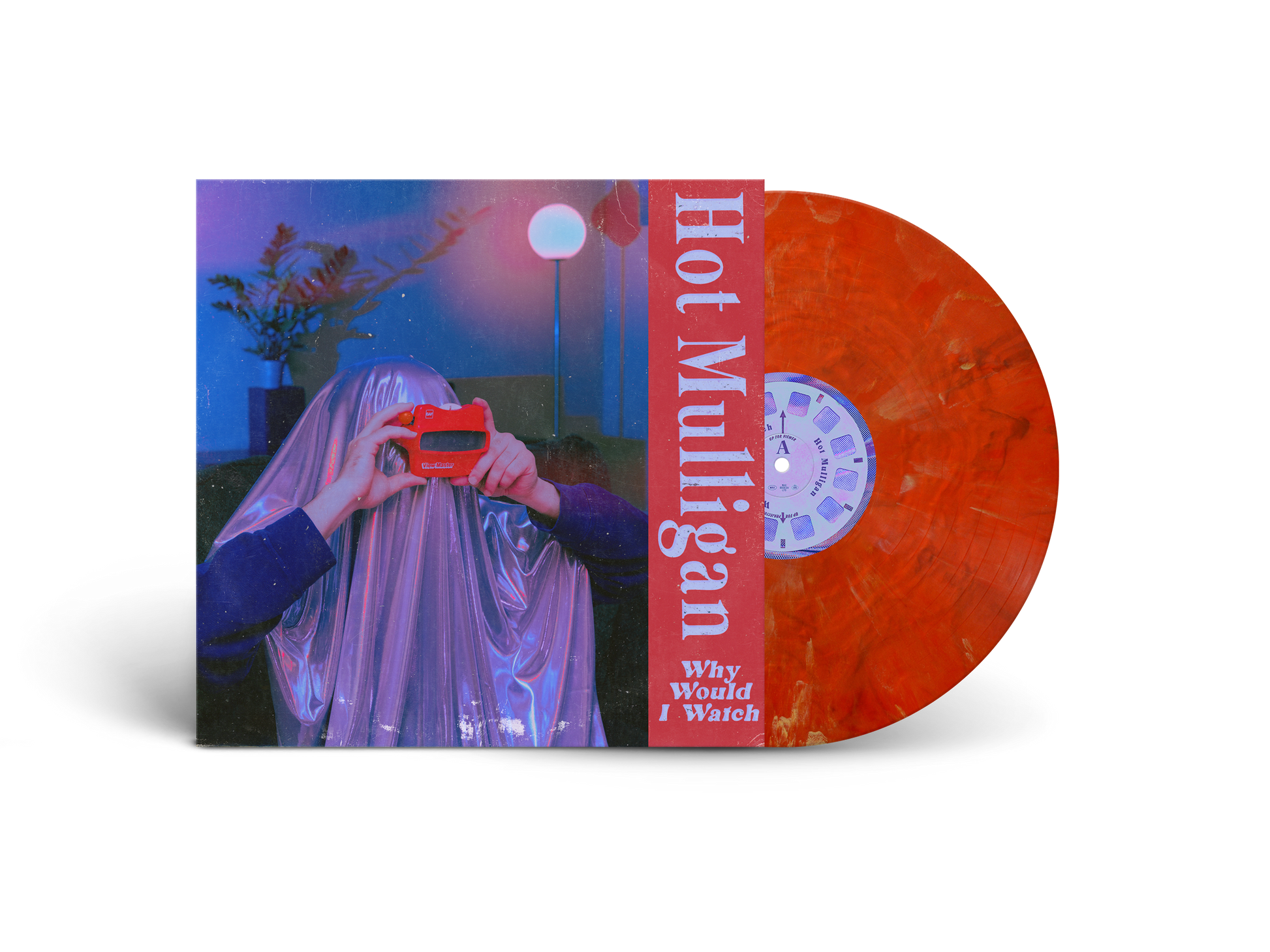 Person in a metallic sheet holding a red View-Master next to a copper vinyl.