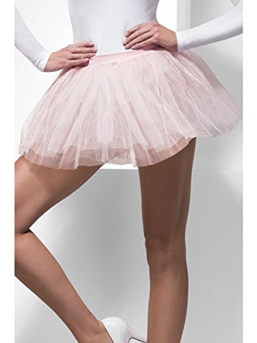 Pale pink, short tulle tutu held by a person’s hands.