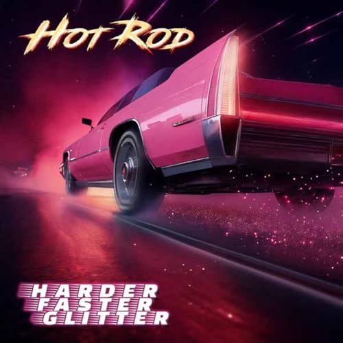 Pink classic car with glowing neon streaks, album cover art.