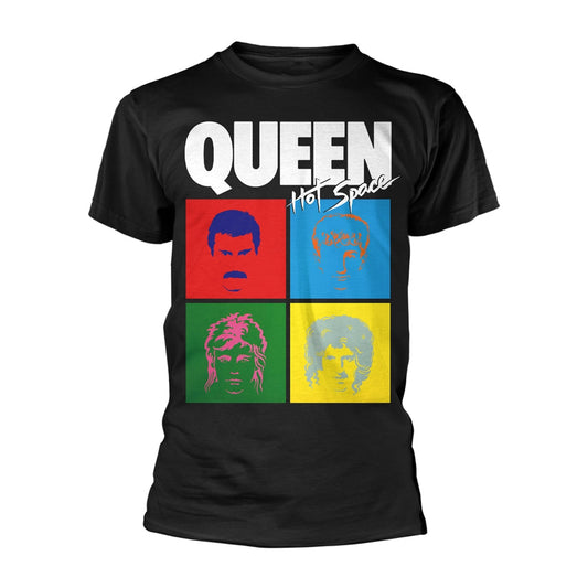 Black t-shirt with four colorful portraits of Queen band members.