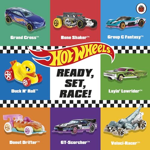 Hot Wheels book cover featuring eight toy cars arranged in a grid with text.