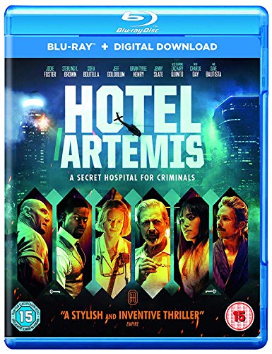 "Blu-ray case for 'Hotel Artemis' with cast images and cityscape at night."