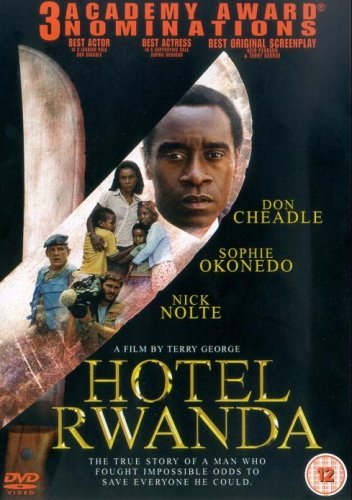 DVD cover for Hotel Rwanda featuring Don Cheadle, Sophie Okonedo, and Nick Nolte.
