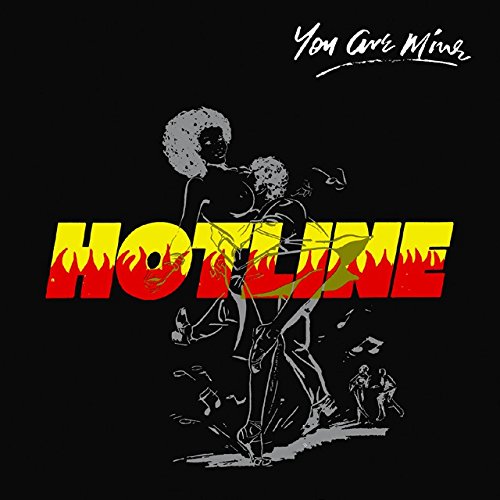 "Album cover with 'HOTLINE' in flame-textured letters and dancing figures on a black background."