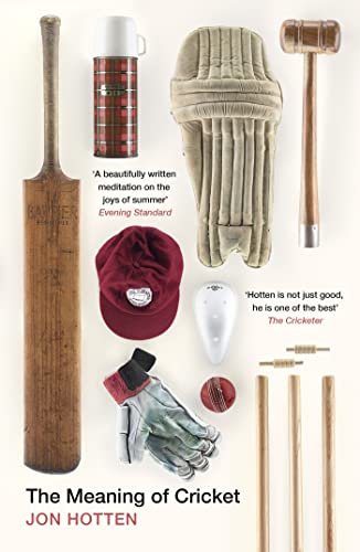 Book cover showing cricket equipment including a bat, pads, ball, cap, and stumps.