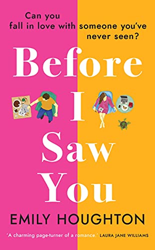 Book cover: "Before I Saw You" with illustrated figures on a split pink and yellow background.