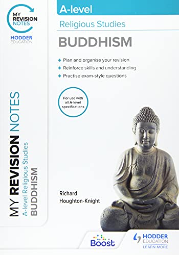 A-level Religious Studies revision notes book cover featuring a Buddha statue.