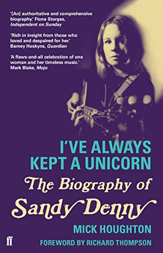 Book cover featuring a portrait of folk singer Sandy Denny with guitar.
