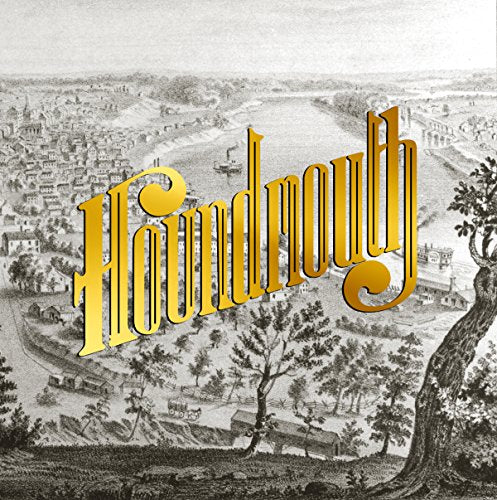 "Houndmouth album cover with yellow text over black and white landscape illustration."