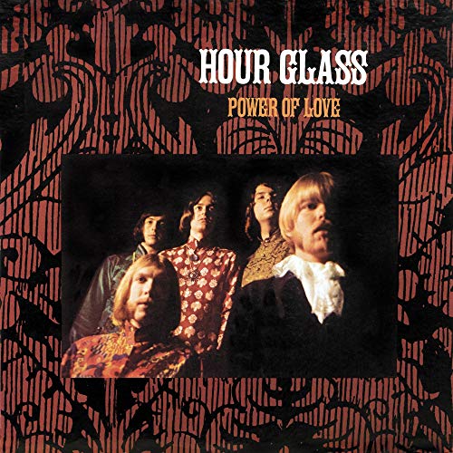 Hour Glass album cover featuring a band portrait with red patterned background.