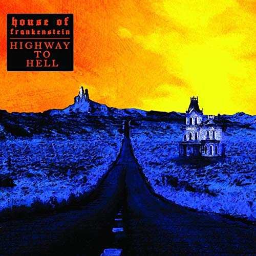 CD cover: haunted house on a road under a fiery sky.