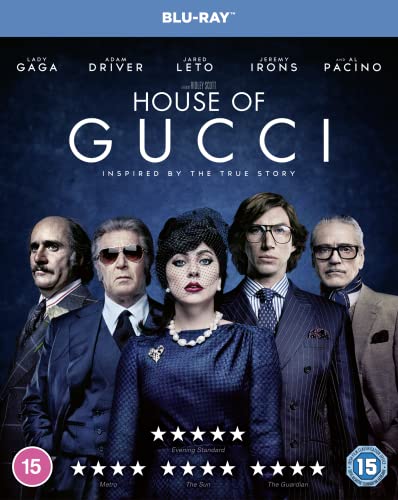 House of Gucci" Blu-ray cover featuring Lady Gaga and Adam Driver with cast portraits.