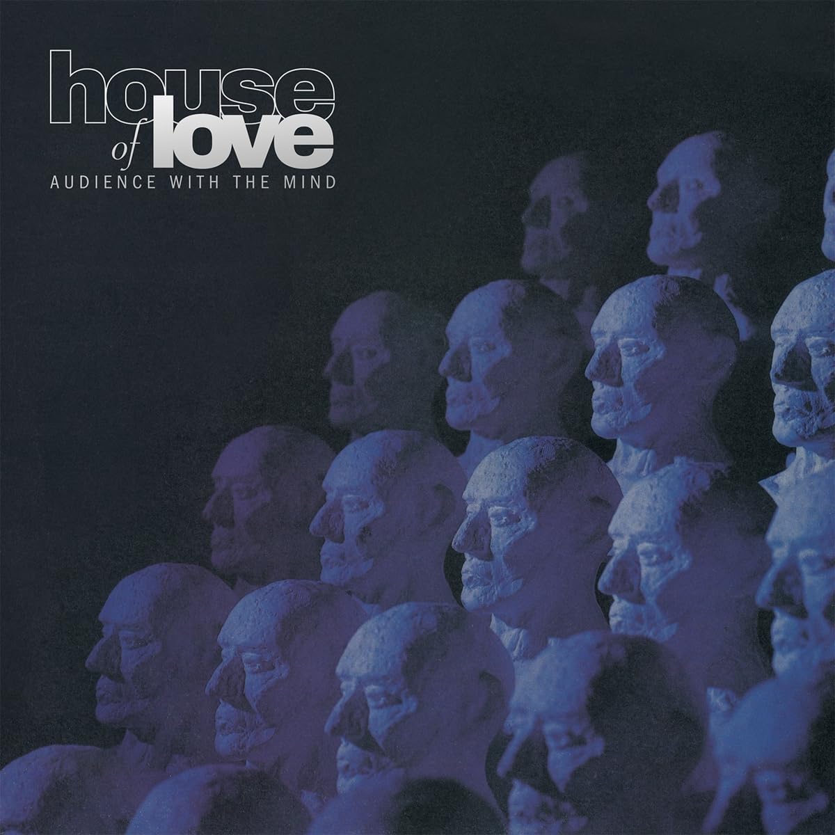 "Album cover with multiple stone busts and 'house of love' text."