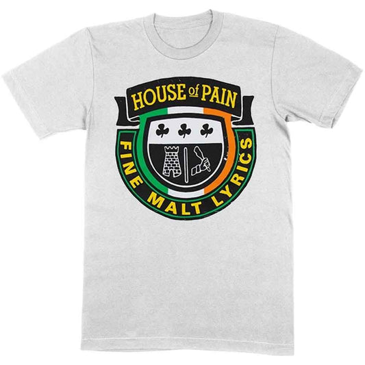 White t-shirt with House of Pain’s “Fine Malt Lyrics” band logo.