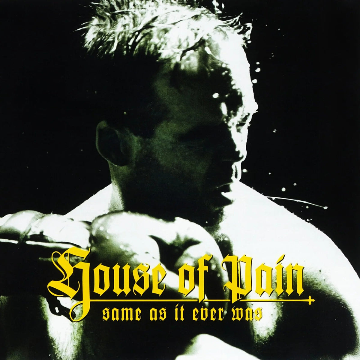 Black and white image of a boxer wearing gloves with yellow text overlay.
