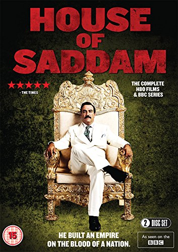DVD cover for "House of Saddam" featuring Saddam Hussein in a chair.
