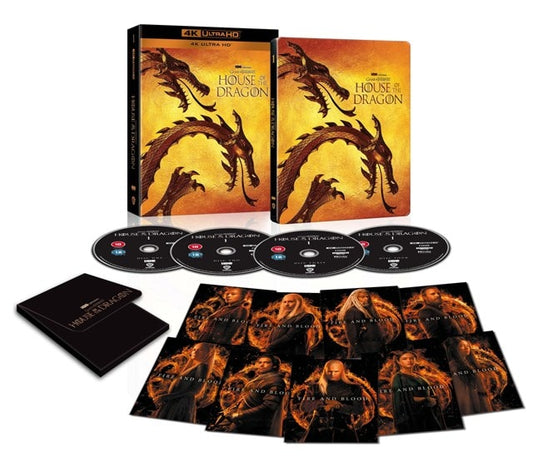 House of the Dragon Season 1 4K Blu-ray set with discs and character art cards.